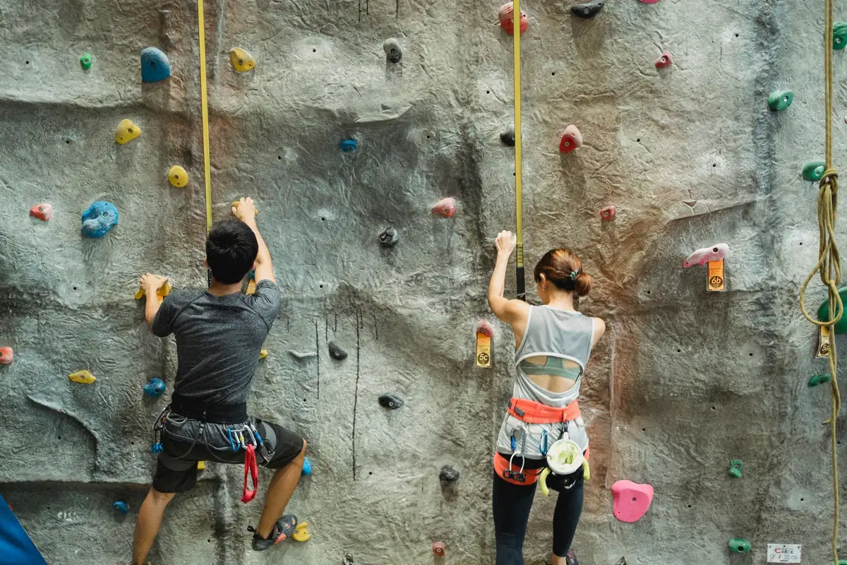 Zwei Personen klettern an der Wand einer Kletterhalle