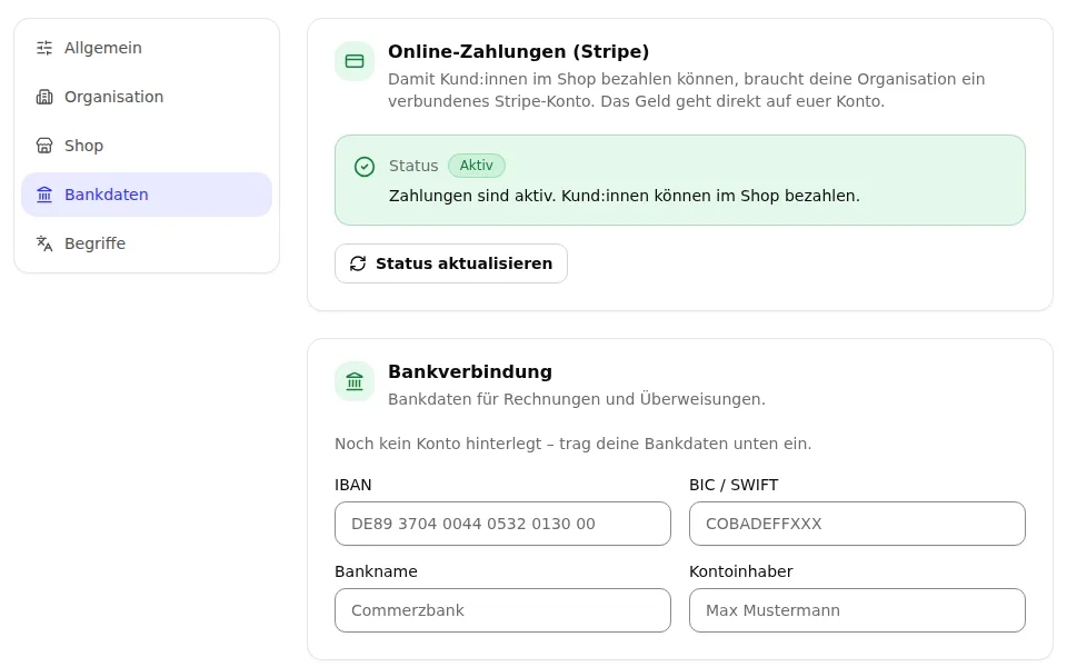 Karte „Online-Zahlungen (Stripe)“ mit Status „Aktiv“